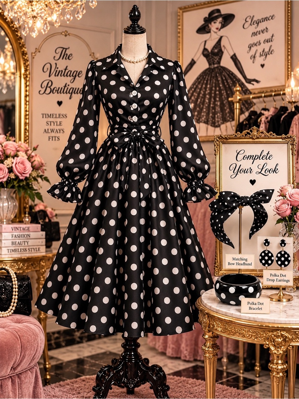 Custom Made 1950s Inspired Rockabilly Black & White Polka Dot Swing Dress